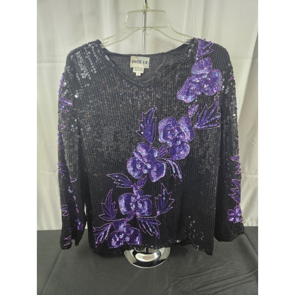 Vintage Swee Lo Silk Sequin Blouse Women's Large 70s‎ Party Top Black Purple